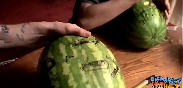  Straight inked guys fuck watermelons until cumming